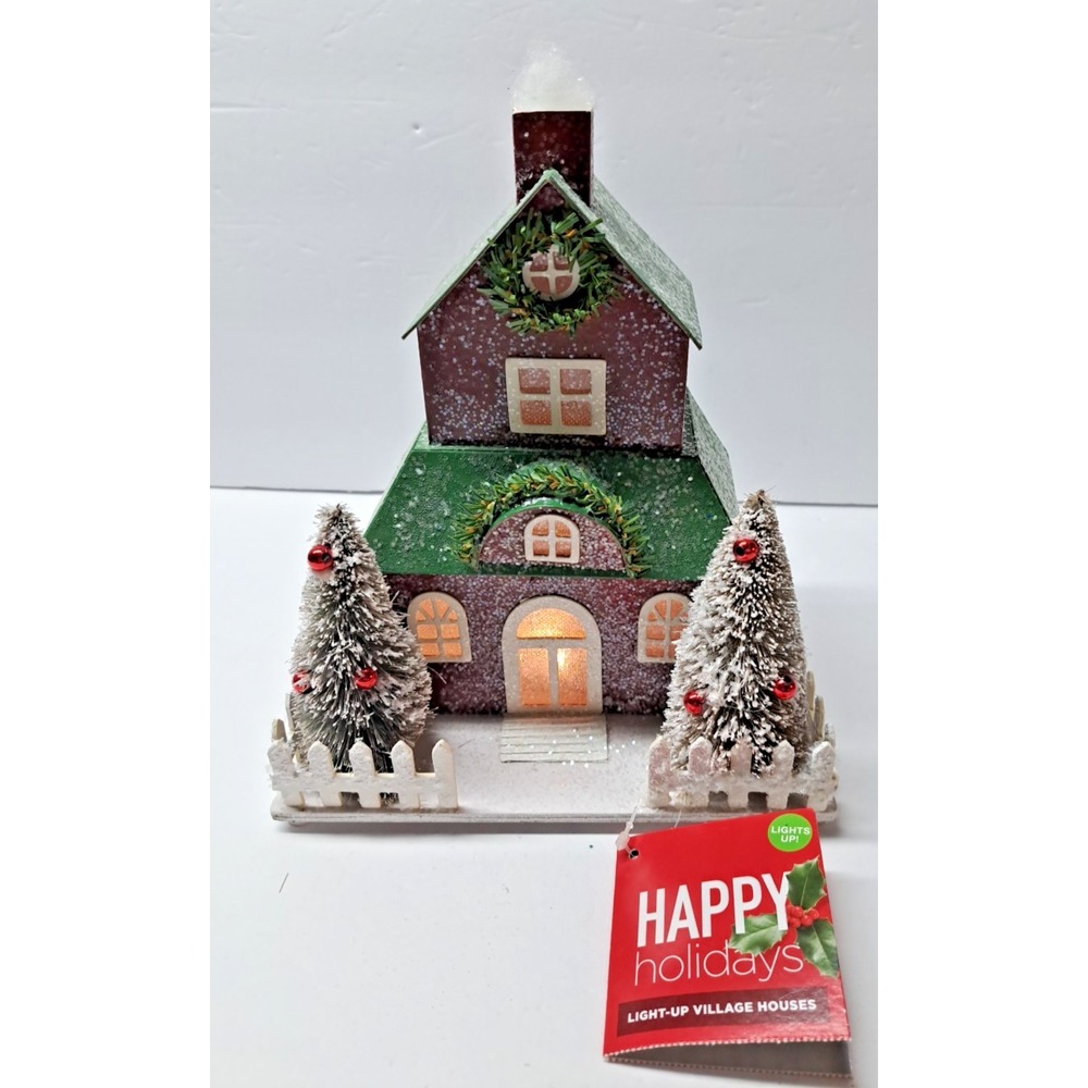 Christmas Village Lighted House Cardboard Red Green Glitter Snow Tree Fence NWT